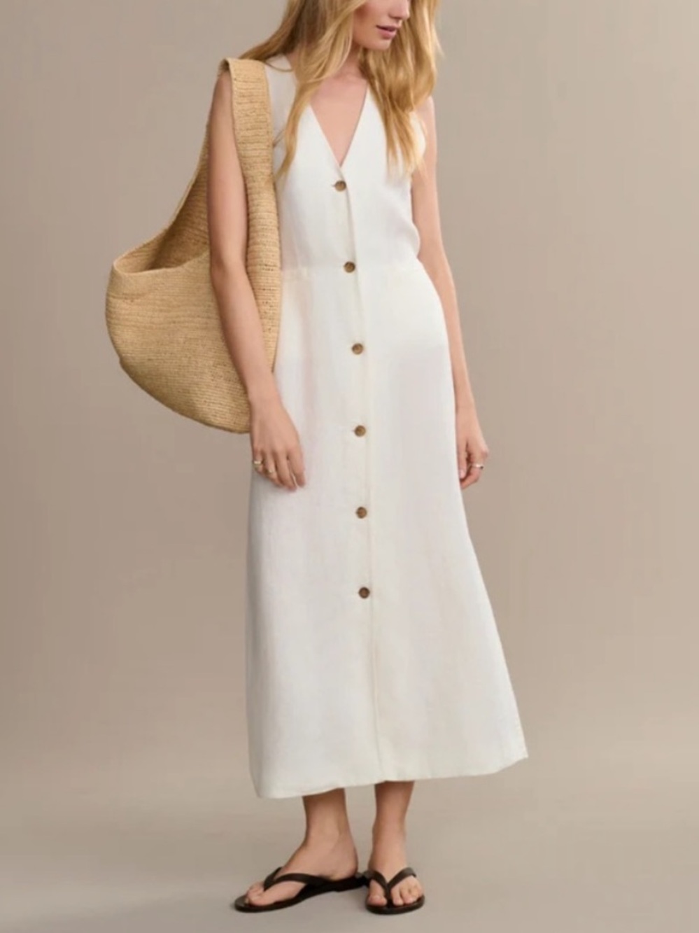 Jenni Kayne Cream Button-Down V-Neck Midi Dress